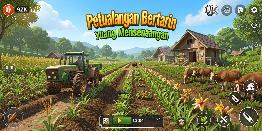 Screenshot gameplay 9ZK yang menunjukkan ladang subur dan hewan ternak.