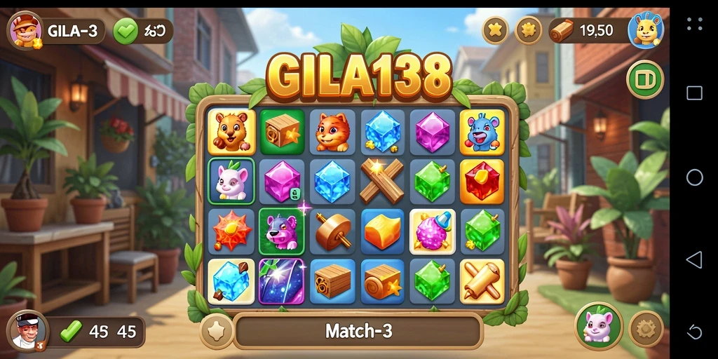 Tampilan seru dari gameplay Match-3 di GILA138.