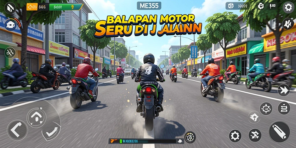 Screenshot menunjukkan balapan motor yang intens dan mendebarkan.