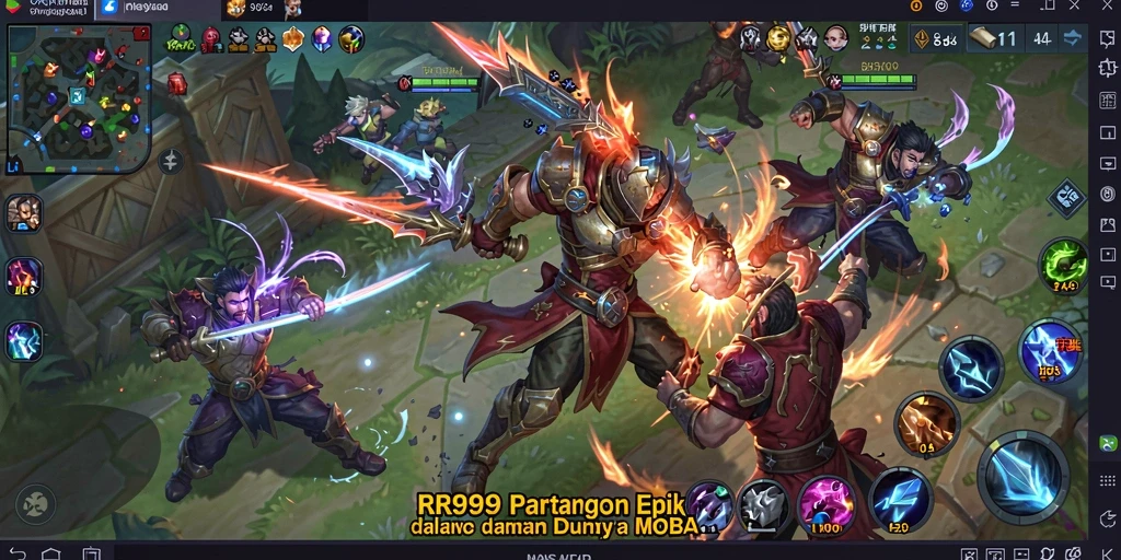 Screenshot utama RR999 menampilkan aksi seru dalam arena MOBA.
