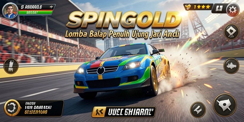 Tampilan gameplay menegangkan dalam SPINGOLD dengan mobil balap cepat.