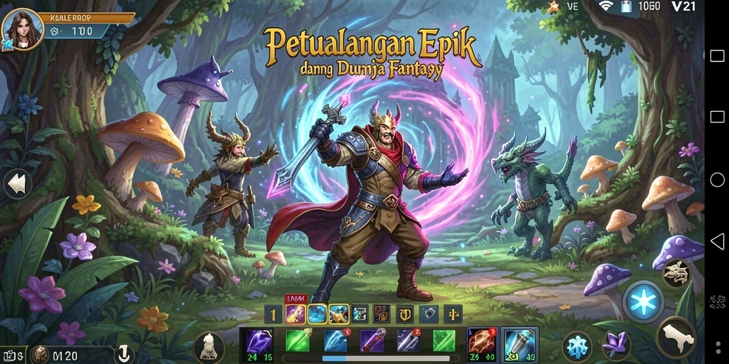 Screenshot V21 menunjukkan aksi seru dalam pertempuran RPG.