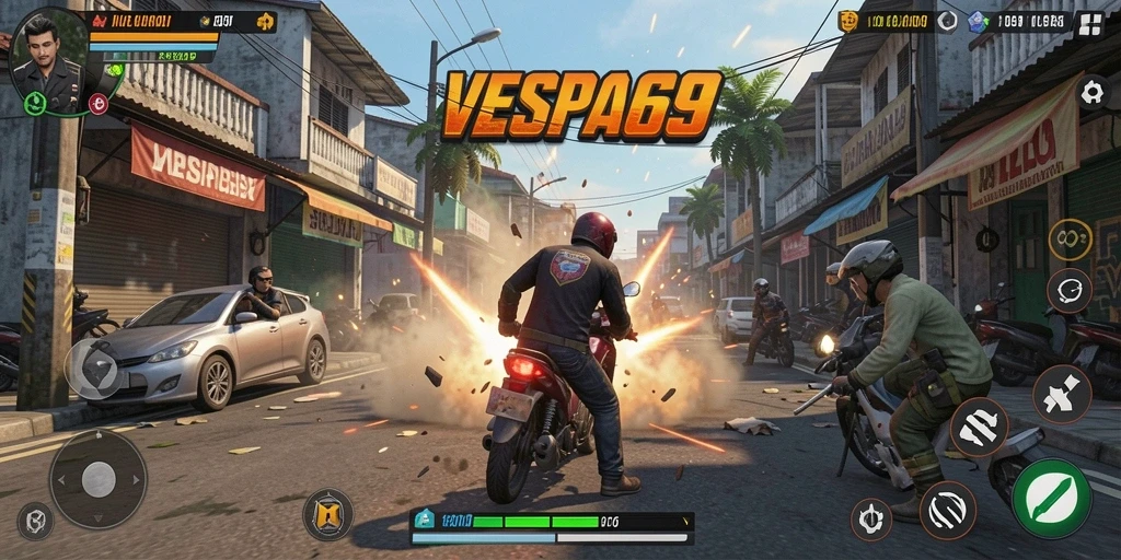 Tampilan gameplay VESPA69 yang intens dan penuh aksi.